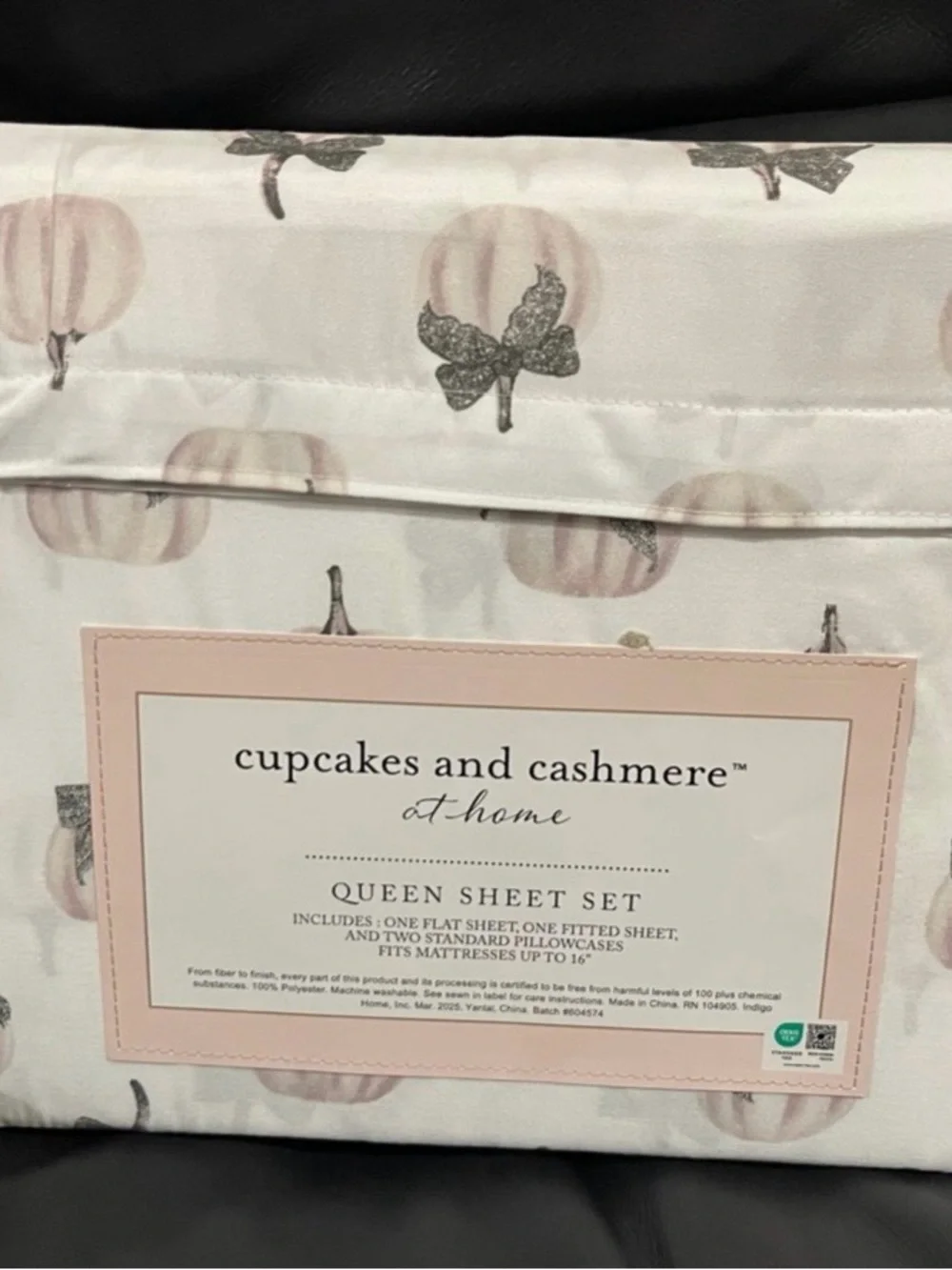 Halloween CUPCAKES & CASHMERE Pumpkin Lace Bow Queen Sheet Set